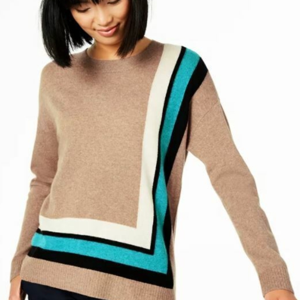 Charter Club Tan and Black Crew Neck Sweater with Asymmetrical Design